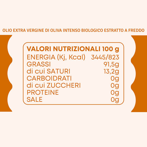 Tabella dei valori nutrizionali di Olio EVO Biologico Don Giovanni – Intenso, Bag in Box